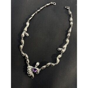 950 Silver Modernist Teardrop Link Necklace Heart Amethyst Sculptural 18”